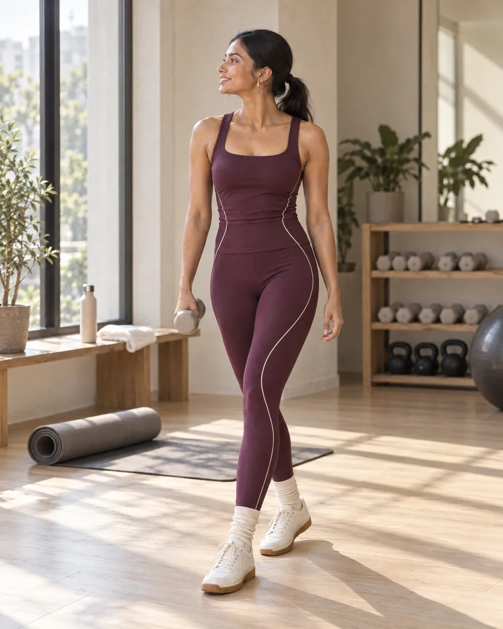 A woman in an aubergine set training with a dumbbell in a studio.