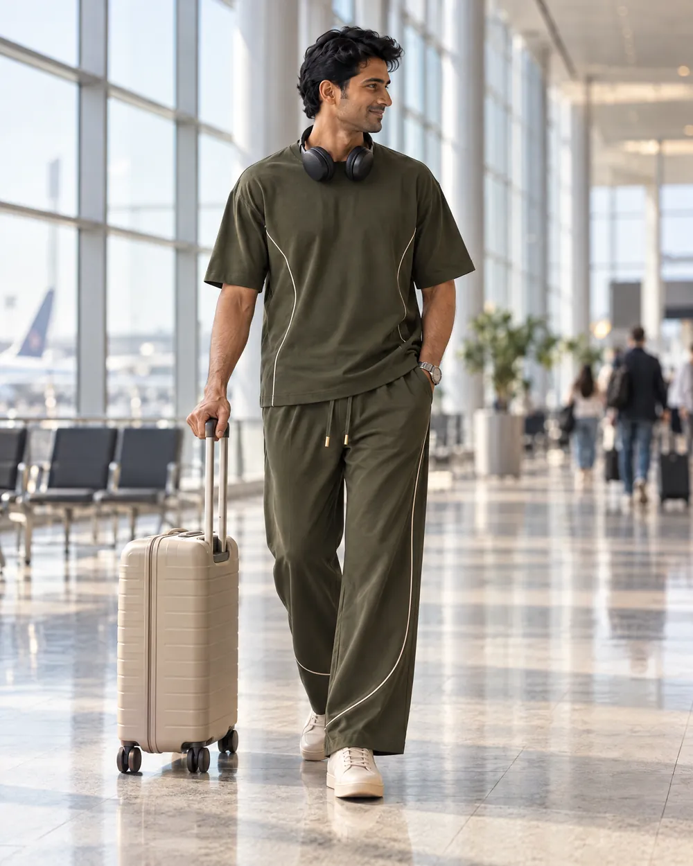 A man in an olive set walking through an airport.