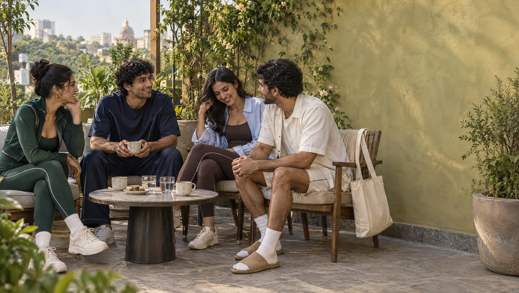 Four friends in tonal sets talking around a table on a terrace café.