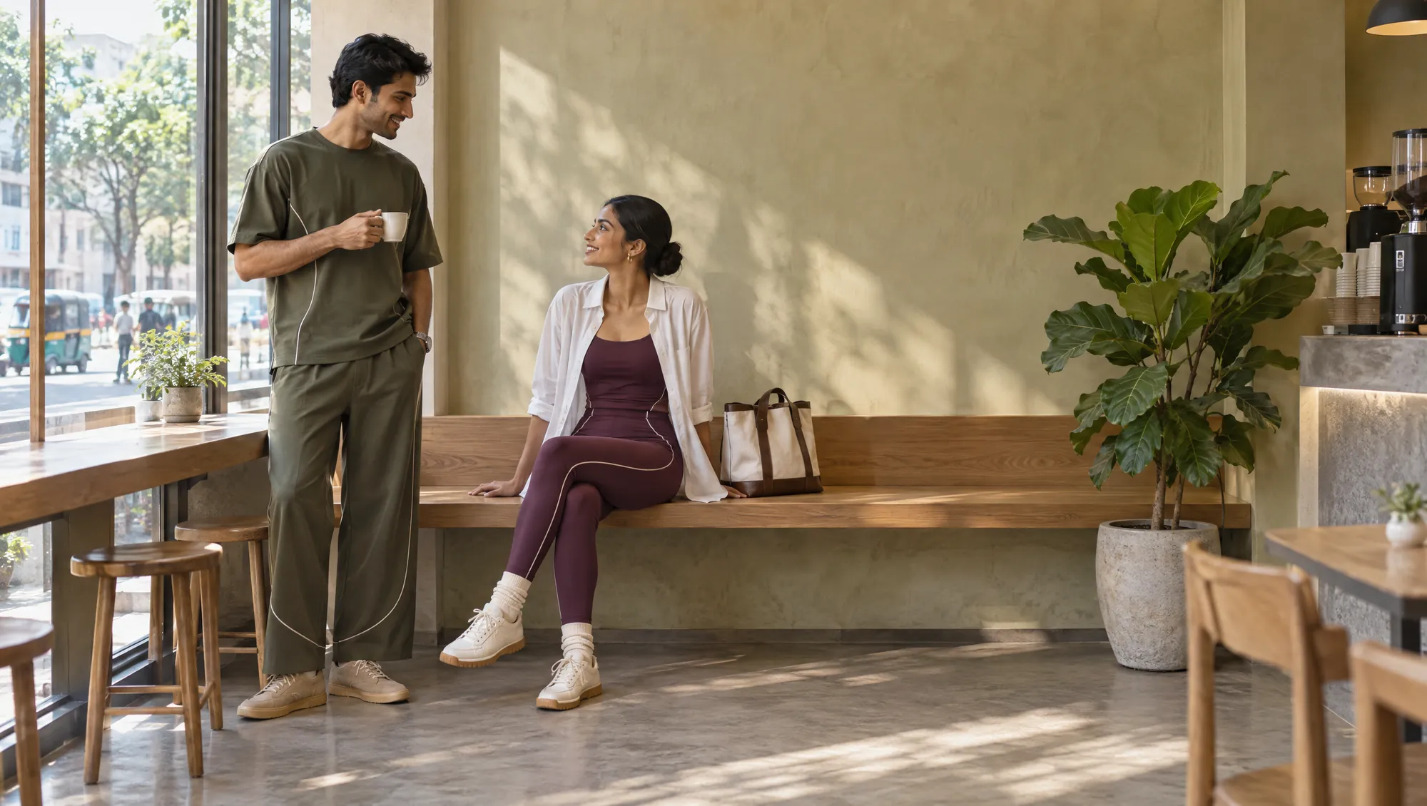 A man in an olive set and a woman in an aubergine set talking at a coffee bar.