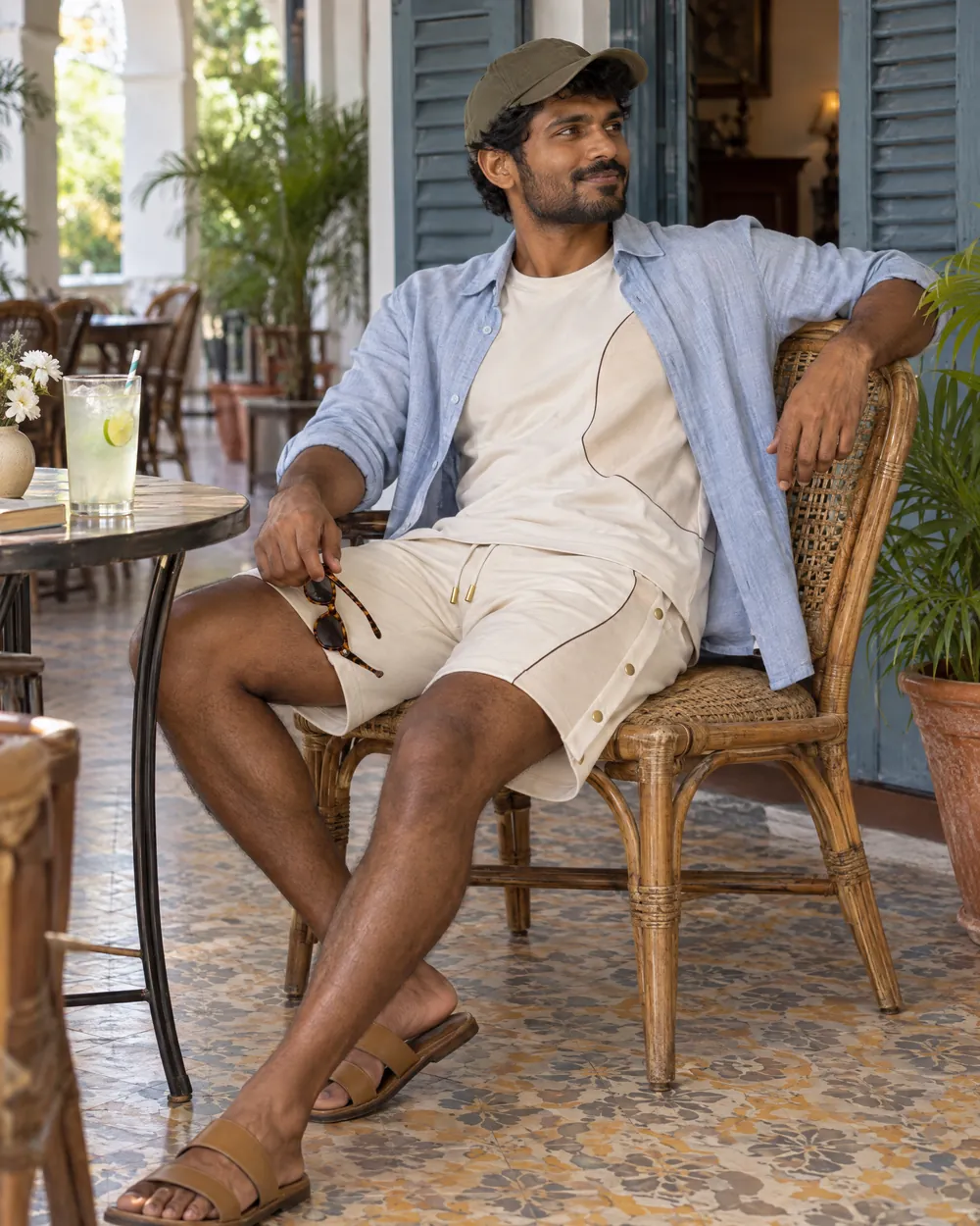 A man in an ivory tee and shorts on a veranda.