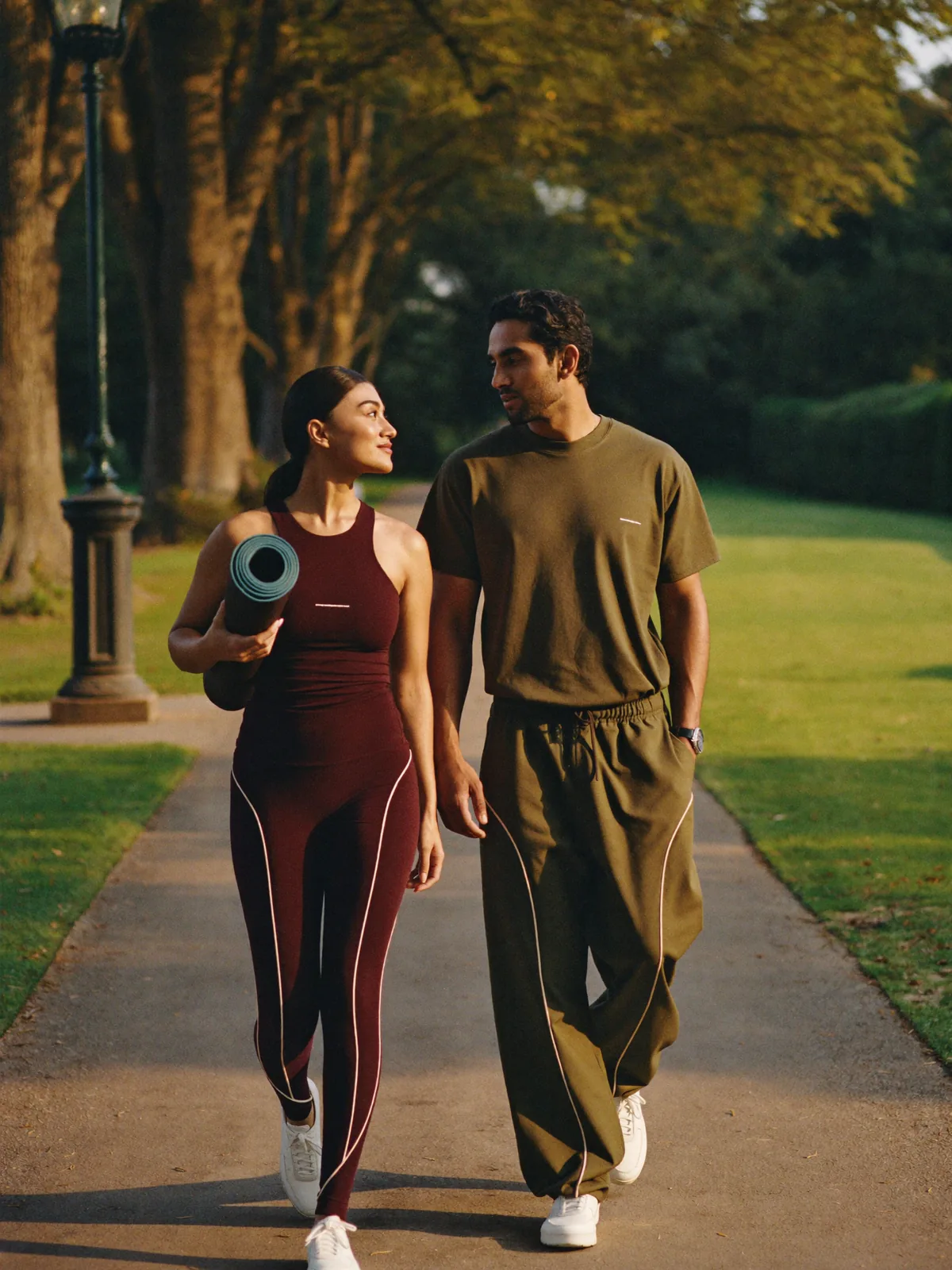 A man and a woman walking through a park after a workout.